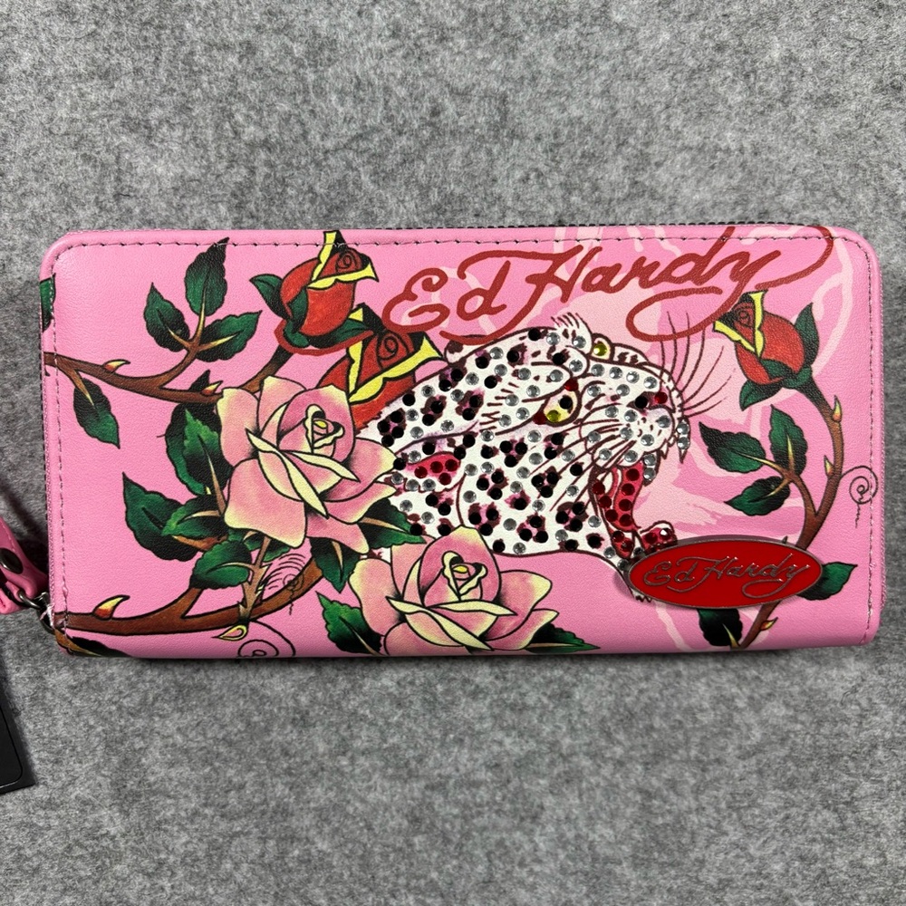 Ed Hardy Pink Rhinestone Panther Zip Wallet Wristlet NWT